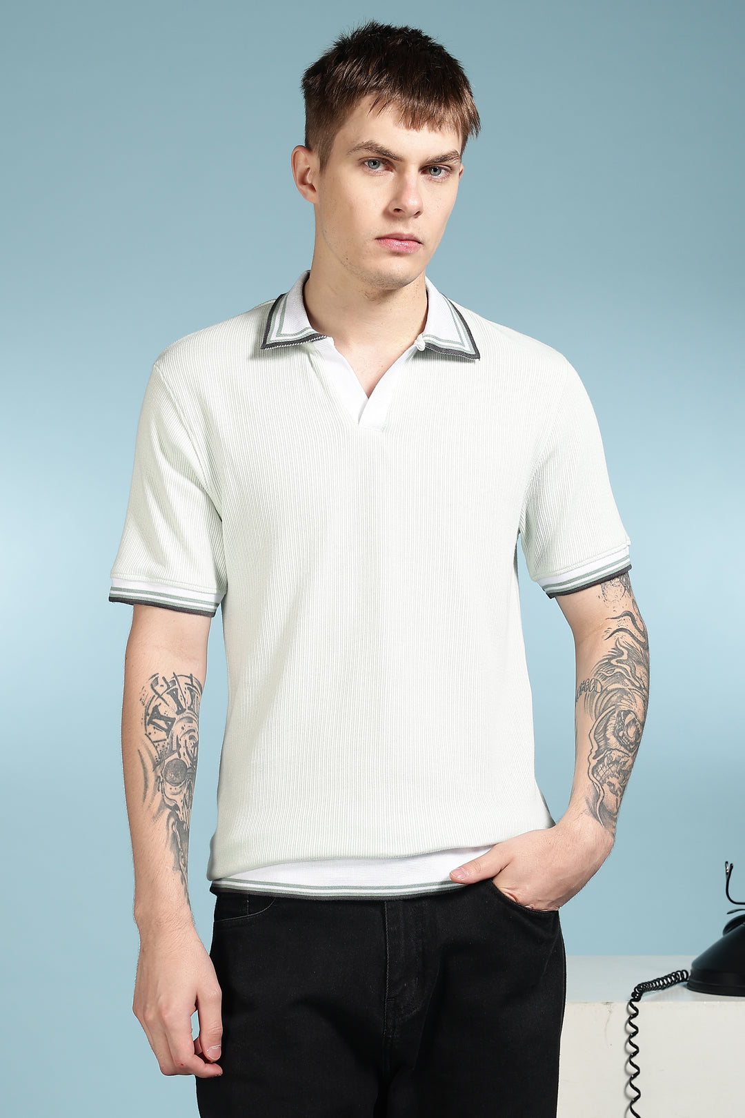 Unique Collar: Textured Fabric Polo Shirt