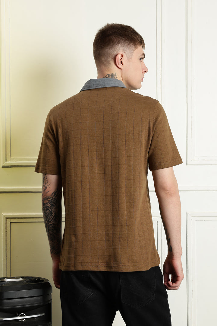 Denim Collar Brown Polo Shirt