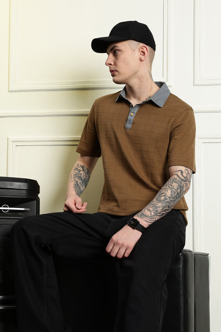 Denim Collar Brown Polo Shirt