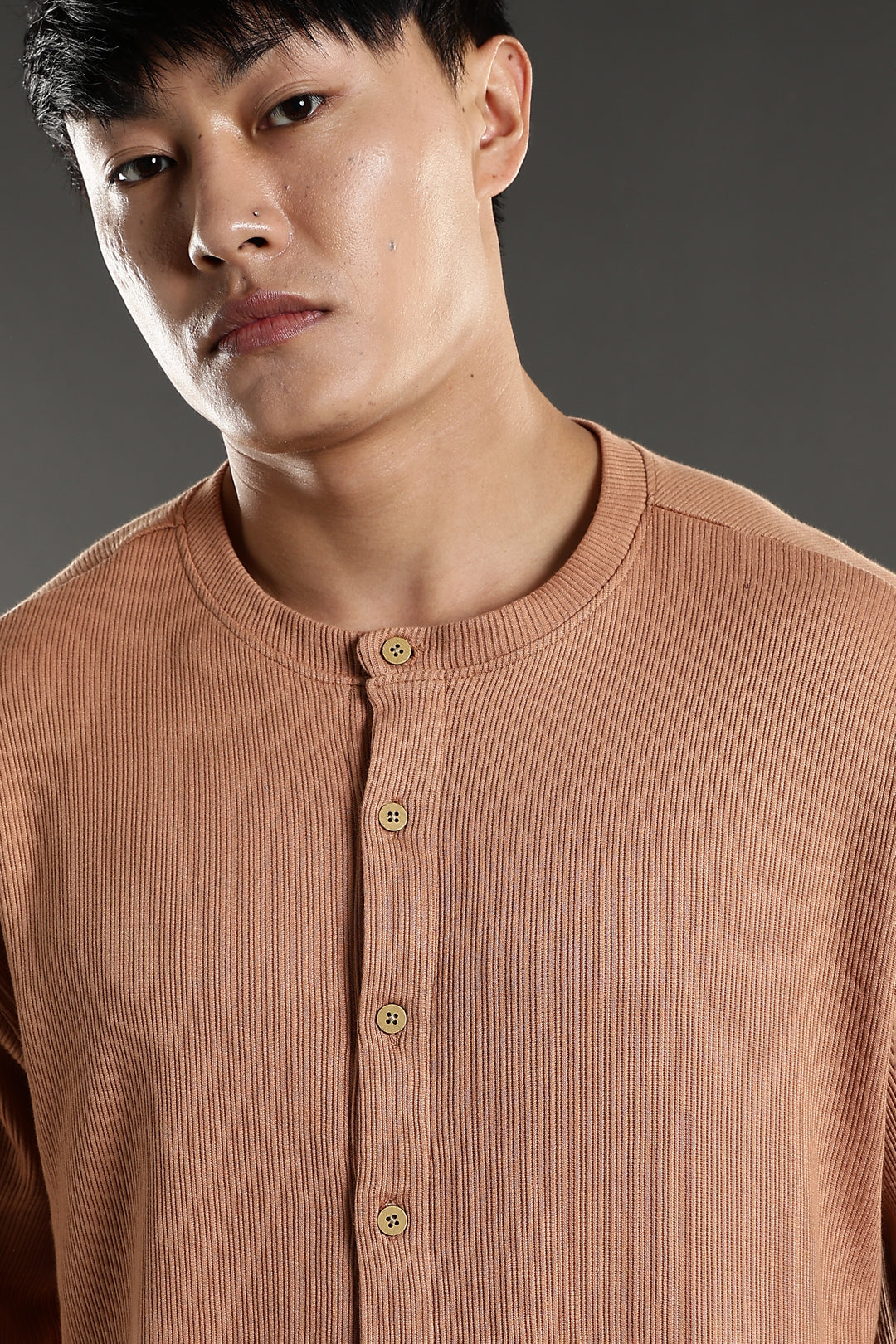 Mandarain Collar : Knitted Brown shirt