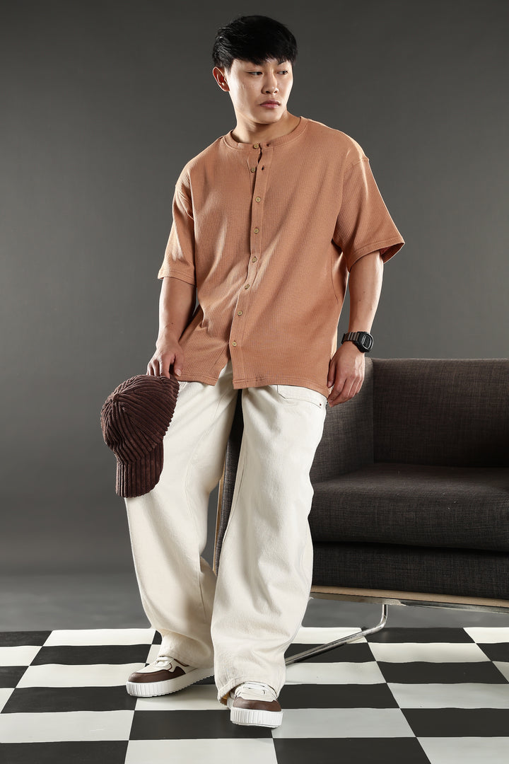 Mandarain Collar : Knitted Brown shirt
