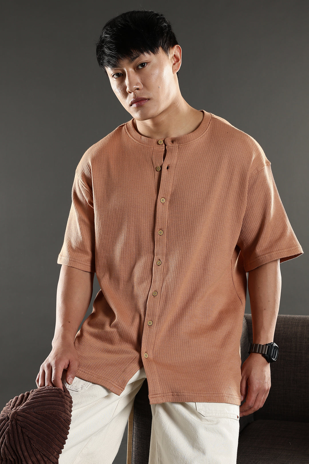 Mandarain Collar : Knitted Brown shirt