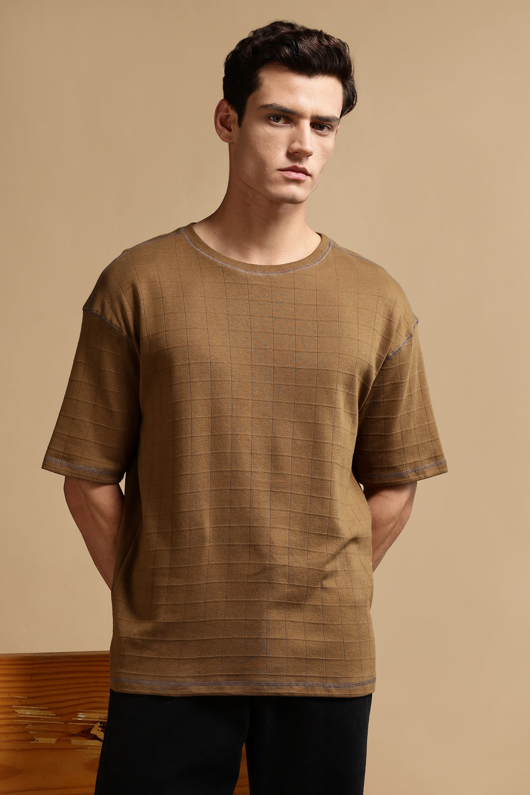 Textured Fabric Brown Oversized T- Shirt