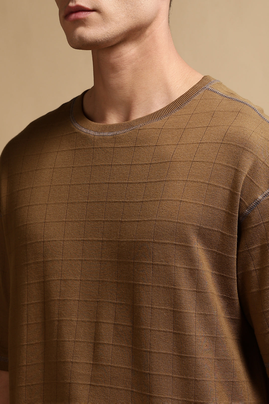 Textured Fabric Brown Oversized T- Shirt