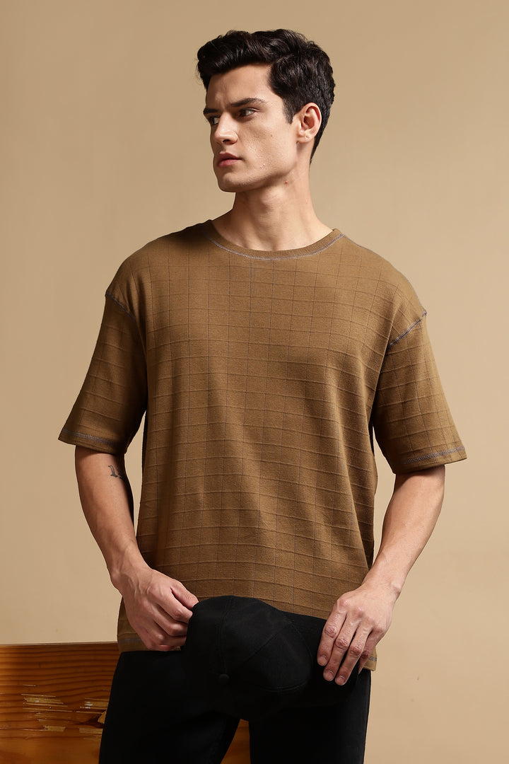 Textured Fabric Brown Oversized T- Shirt
