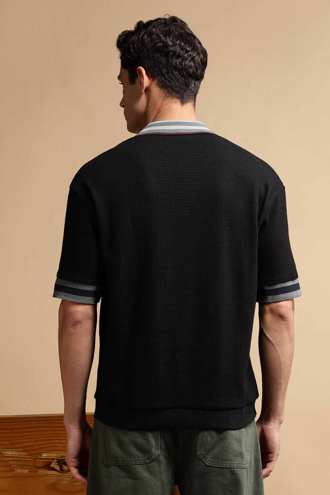 Textured Fabric Black Oversized Polo shirt