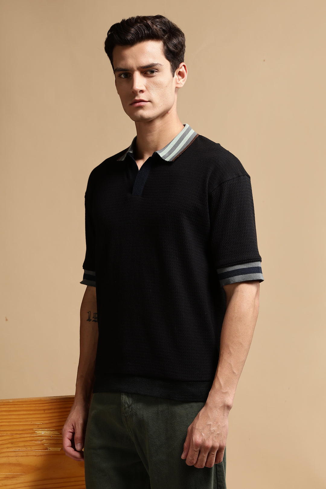 Textured Fabric Black Oversized Polo shirt