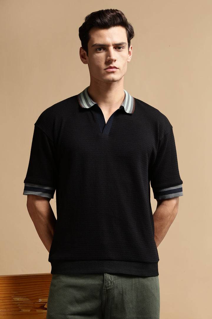 Textured Fabric Black Oversized Polo shirt