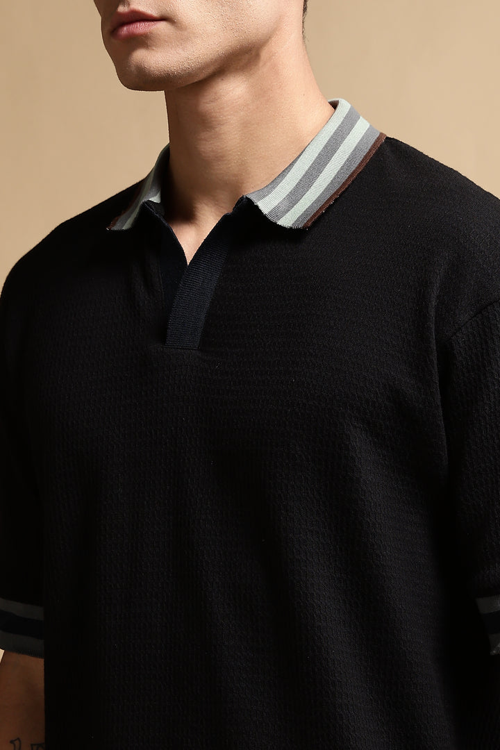 Textured Fabric Black Oversized Polo shirt