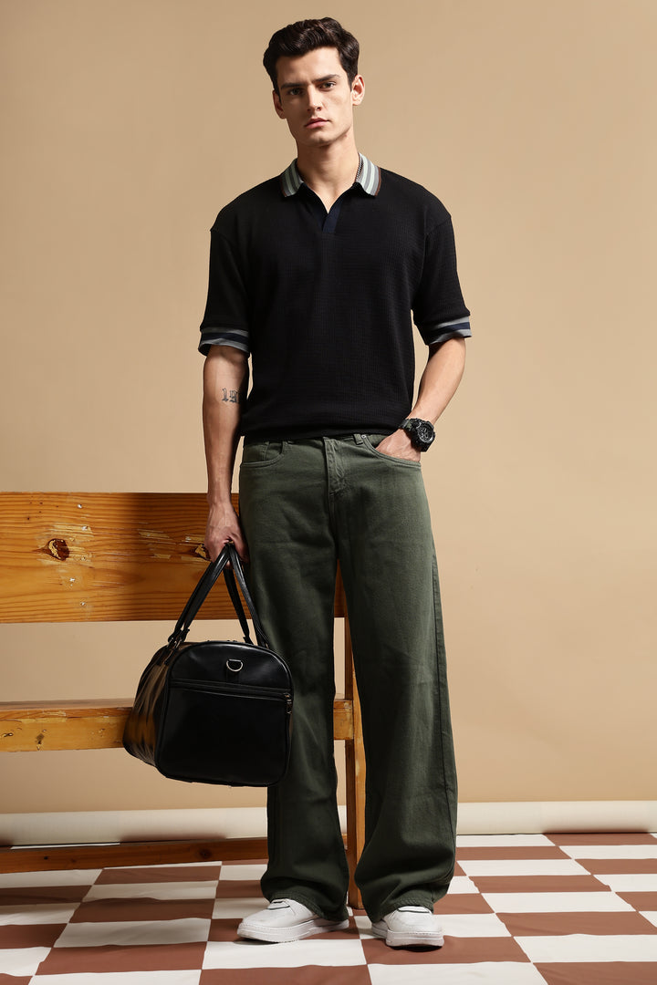 Textured Fabric Black Oversized Polo shirt