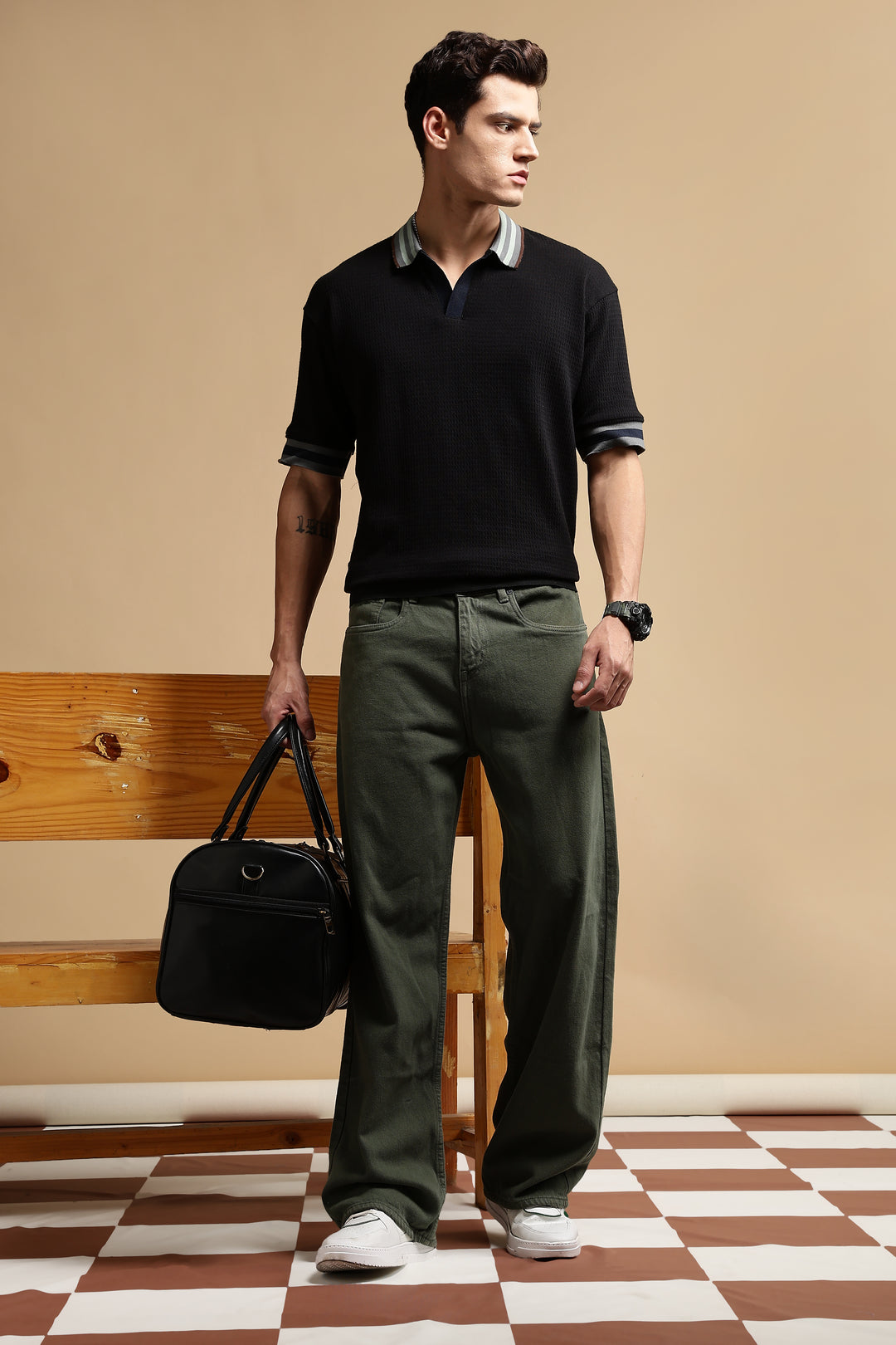 Textured Fabric Black Oversized Polo shirt