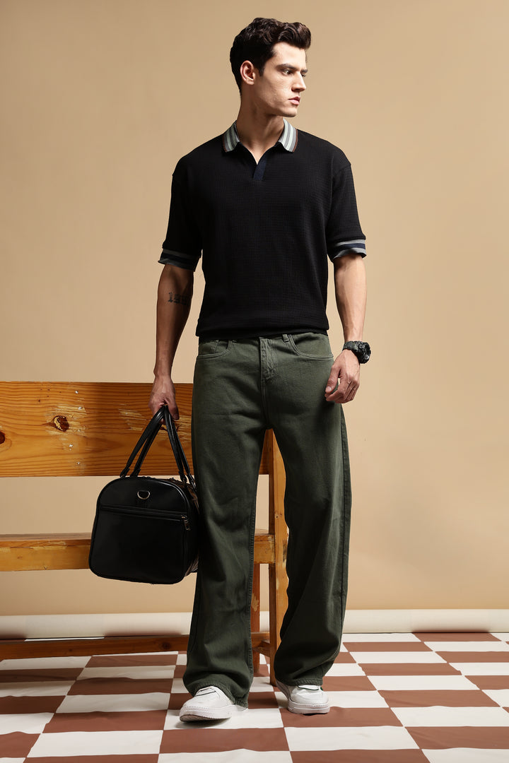 Textured Fabric Black Oversized Polo shirt