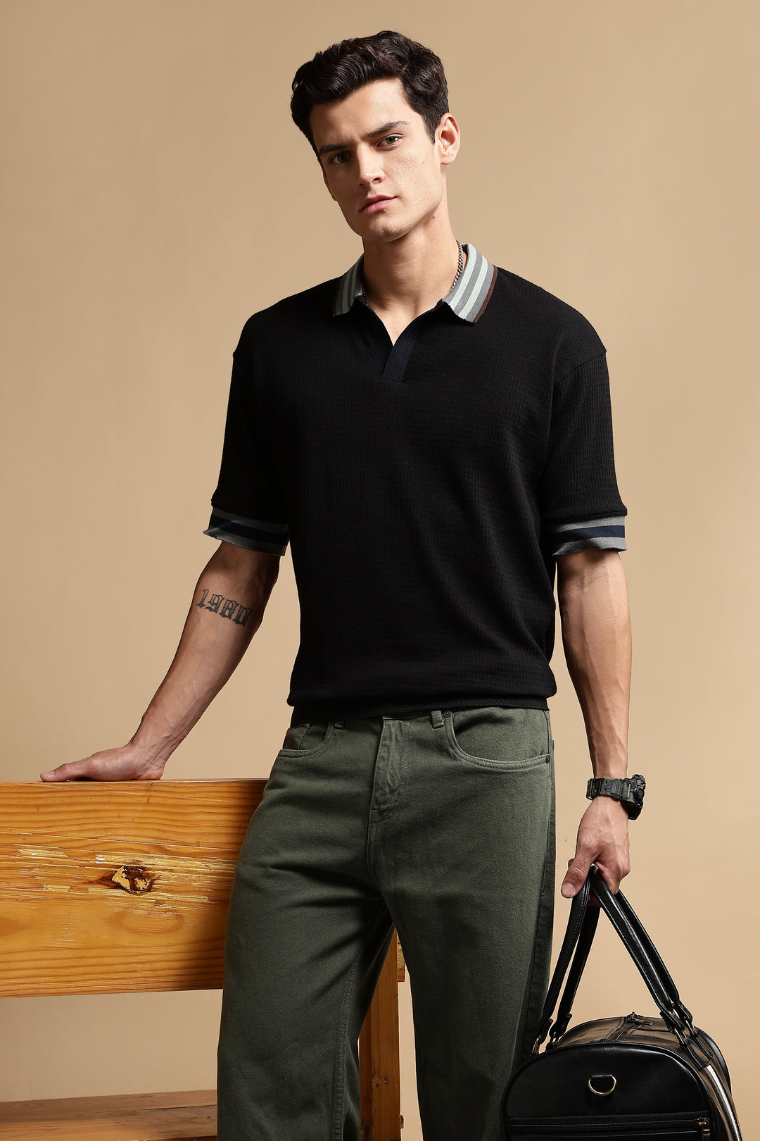 Textured Fabric Black Oversized Polo shirt