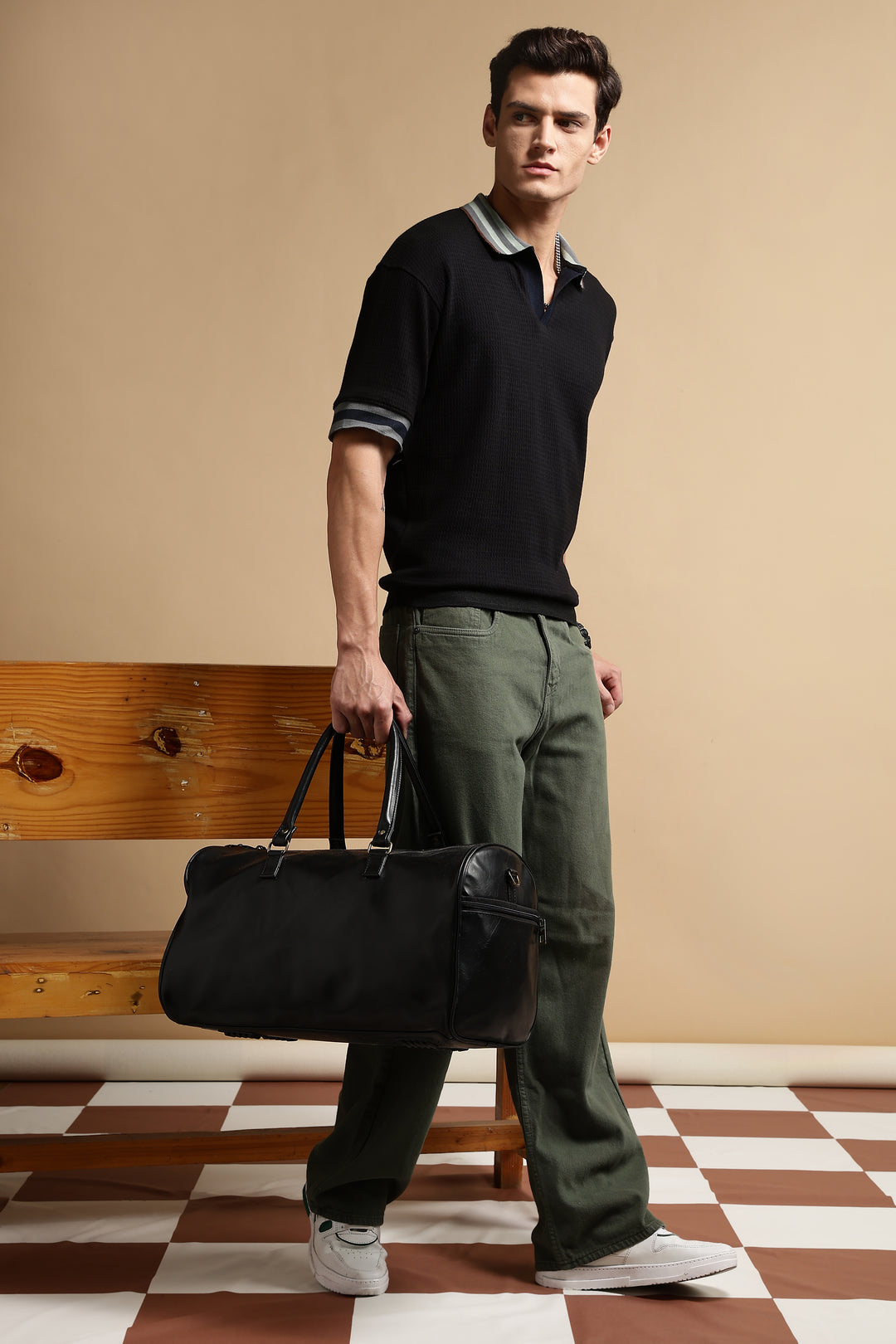 Textured Fabric Black Oversized Polo shirt