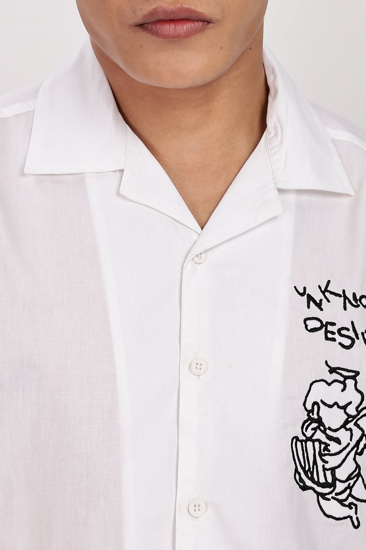 Desire: Embroidery White Cotton Cuban Shirt