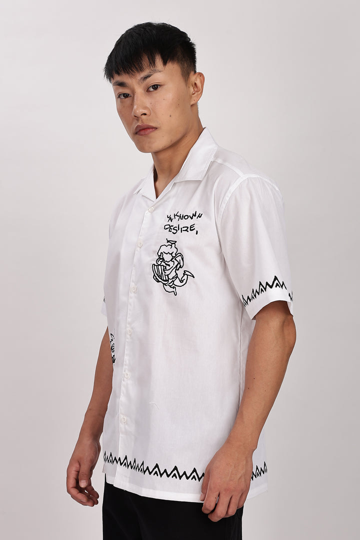 Desire: Embroidery White Cotton Cuban Shirt