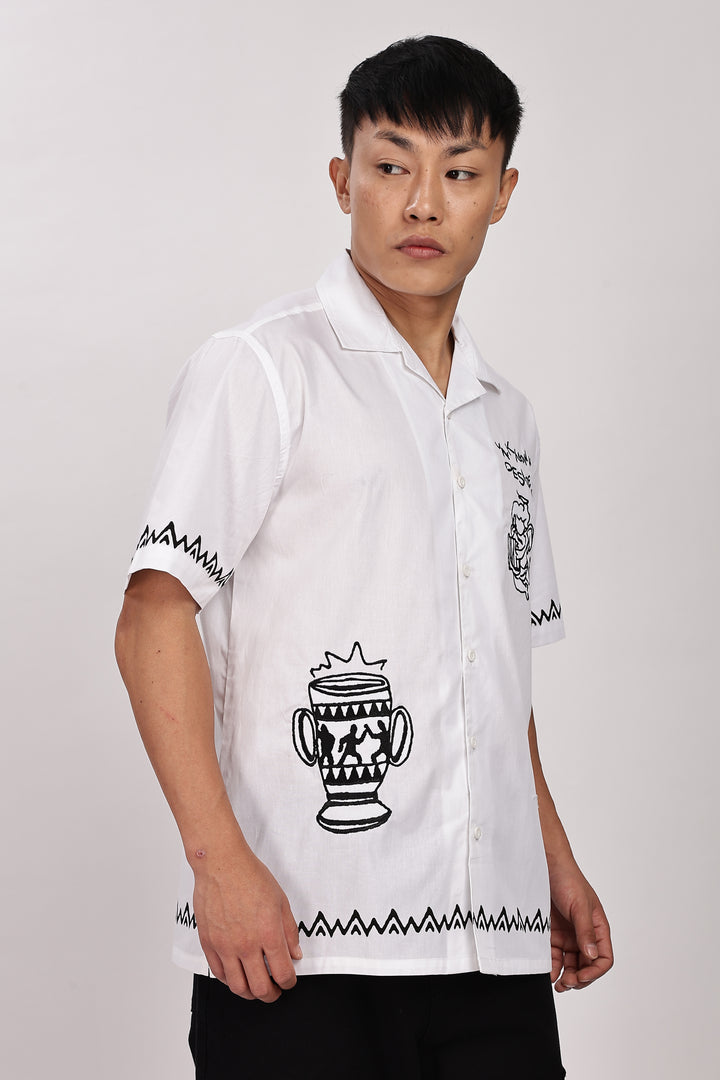 Desire: Embroidery White Cotton Cuban Shirt