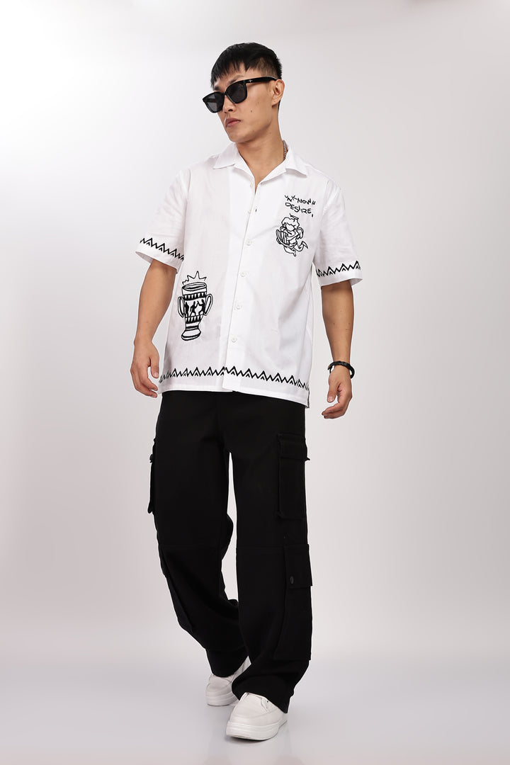 Desire: Embroidery White Cotton Cuban Shirt