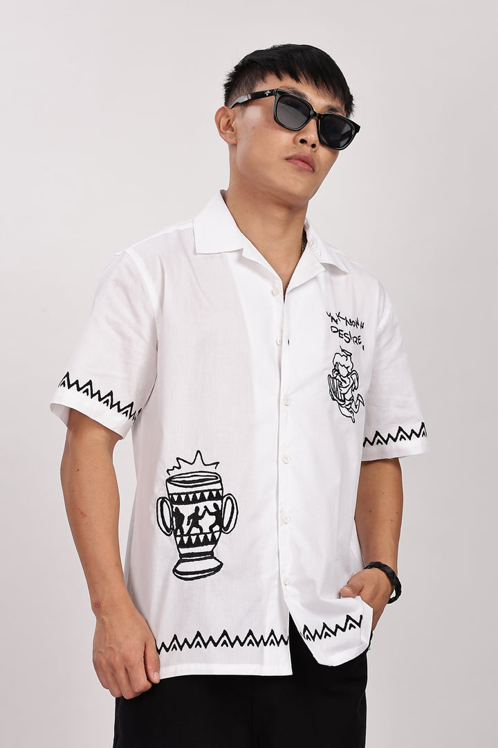 Desire: Embroidery White Cotton Cuban Shirt