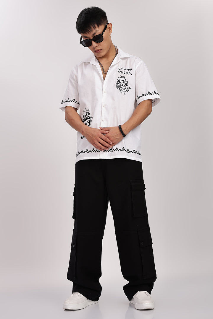 Desire: Embroidery White Cotton Cuban Shirt