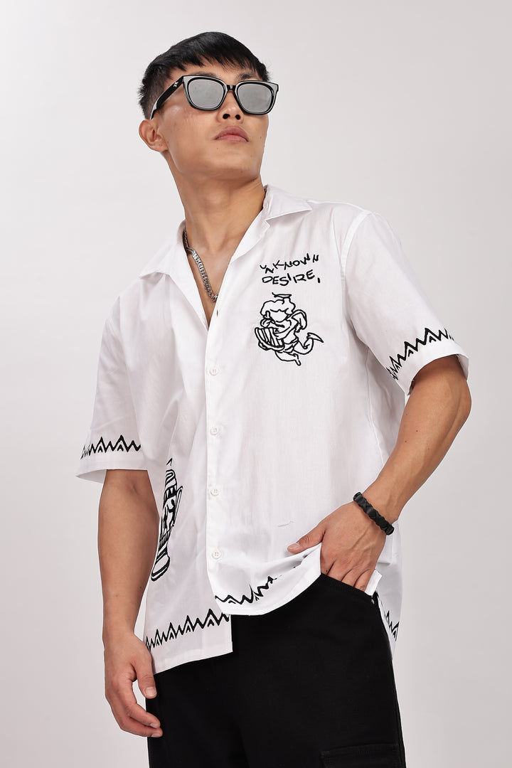 Desire: Embroidery White Cotton Cuban Shirt