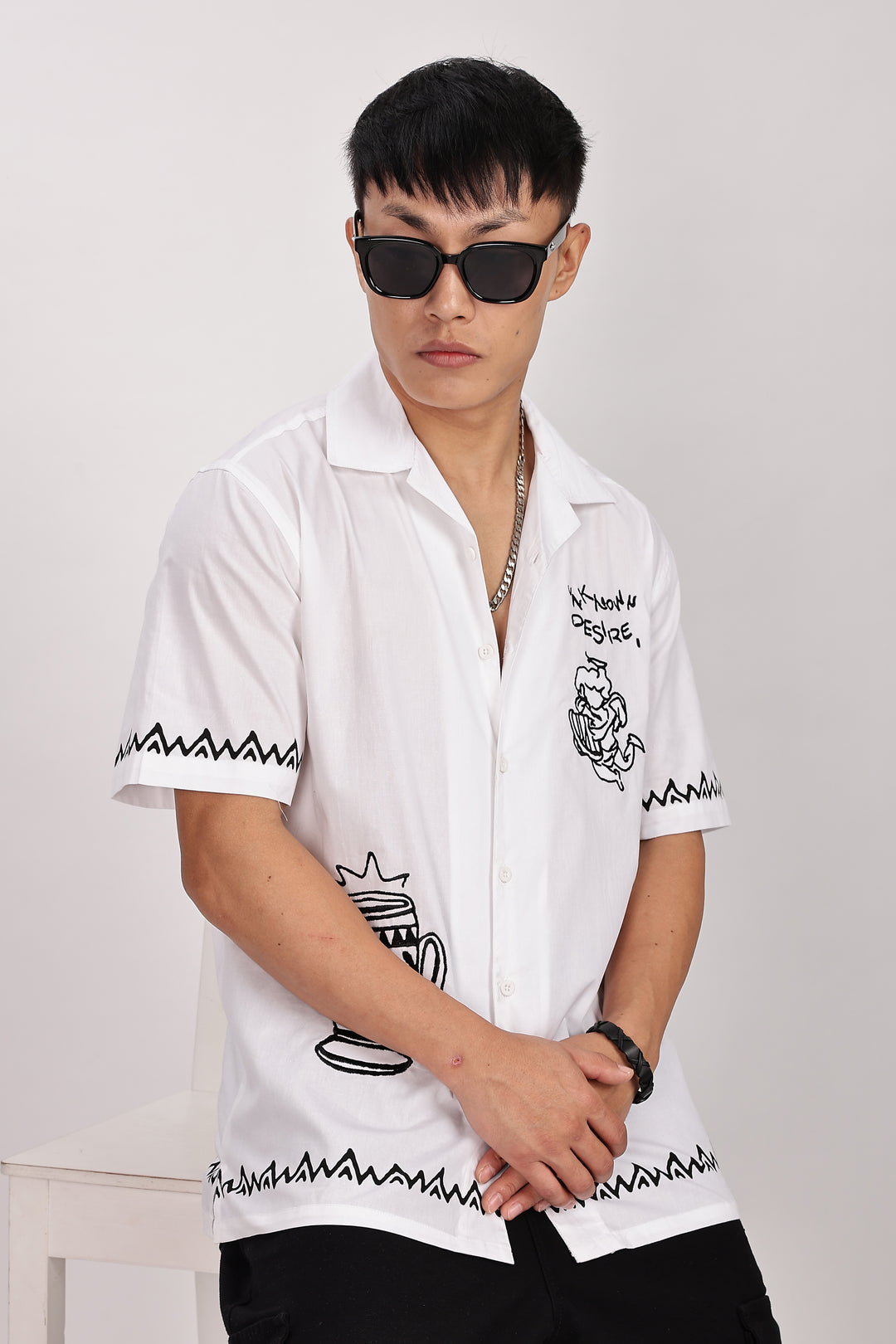 Desire: Embroidery White Cotton Cuban Shirt