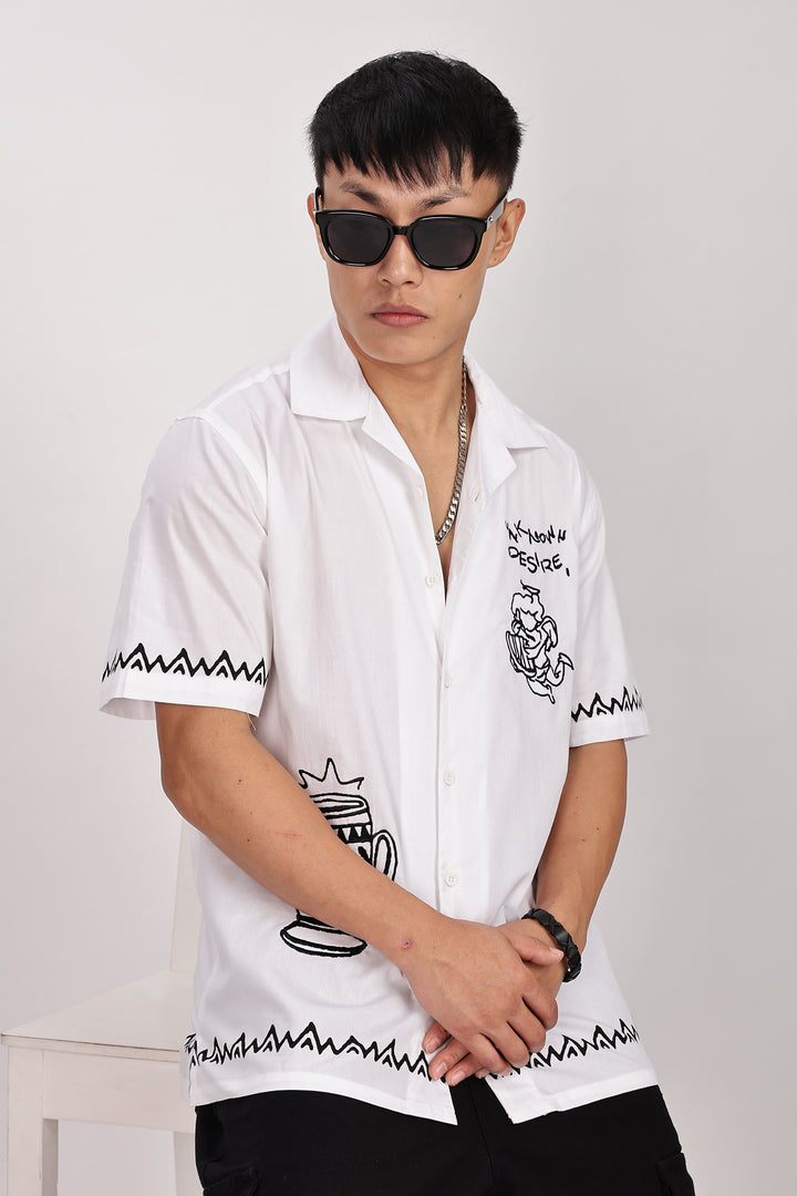 Desire: Embroidery White Cotton Cuban Shirt