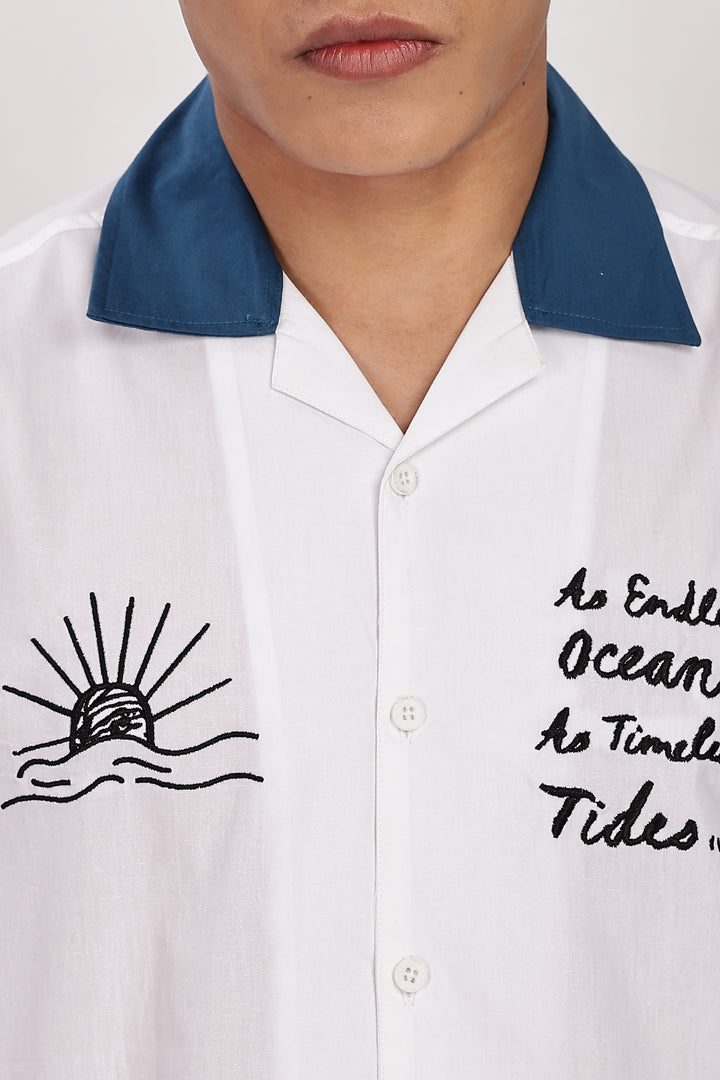 Limitless: Embroidery White Cotton Cuban Shirt