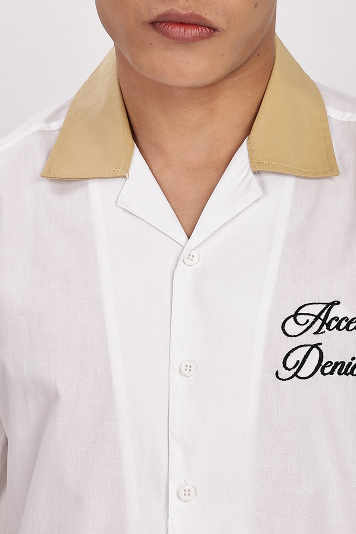 Access Denied: White Embroidery Cotton Cuban Shirt