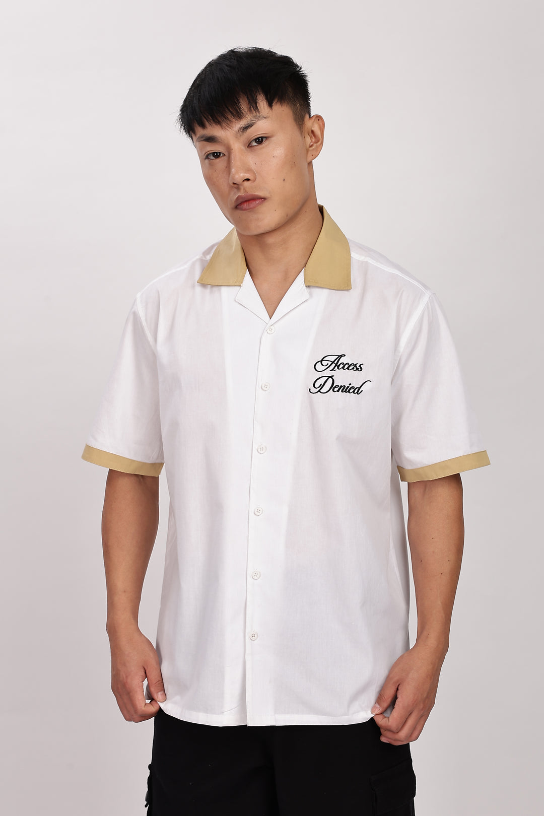 Access Denied: White Embroidery Cotton Cuban Shirt