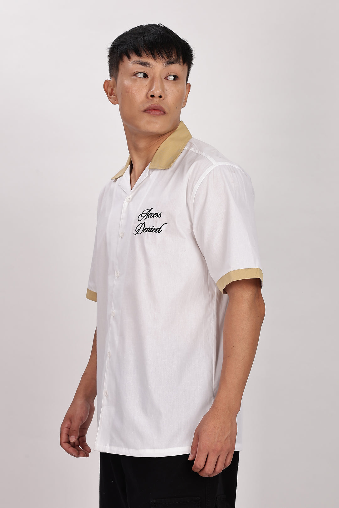Access Denied: White Embroidery Cotton Cuban Shirt