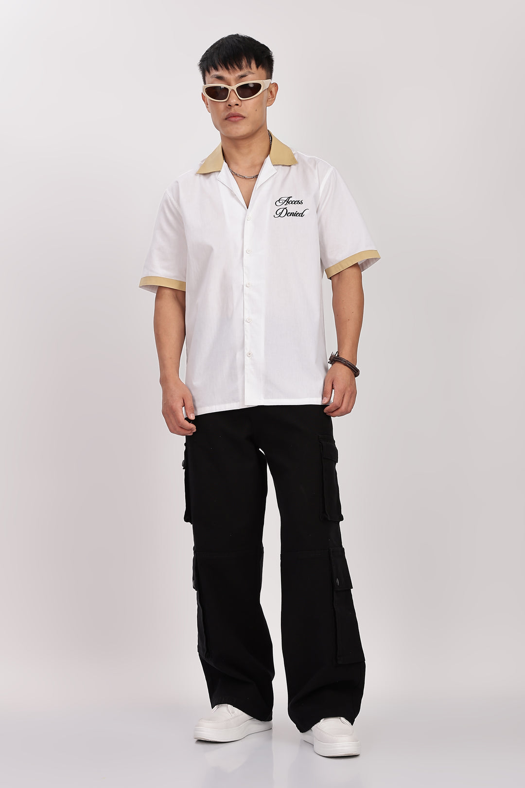 Access Denied: White Embroidery Cotton Cuban Shirt