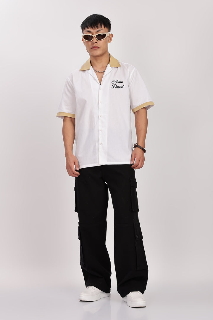 Access Denied: White Embroidery Cotton Cuban Shirt