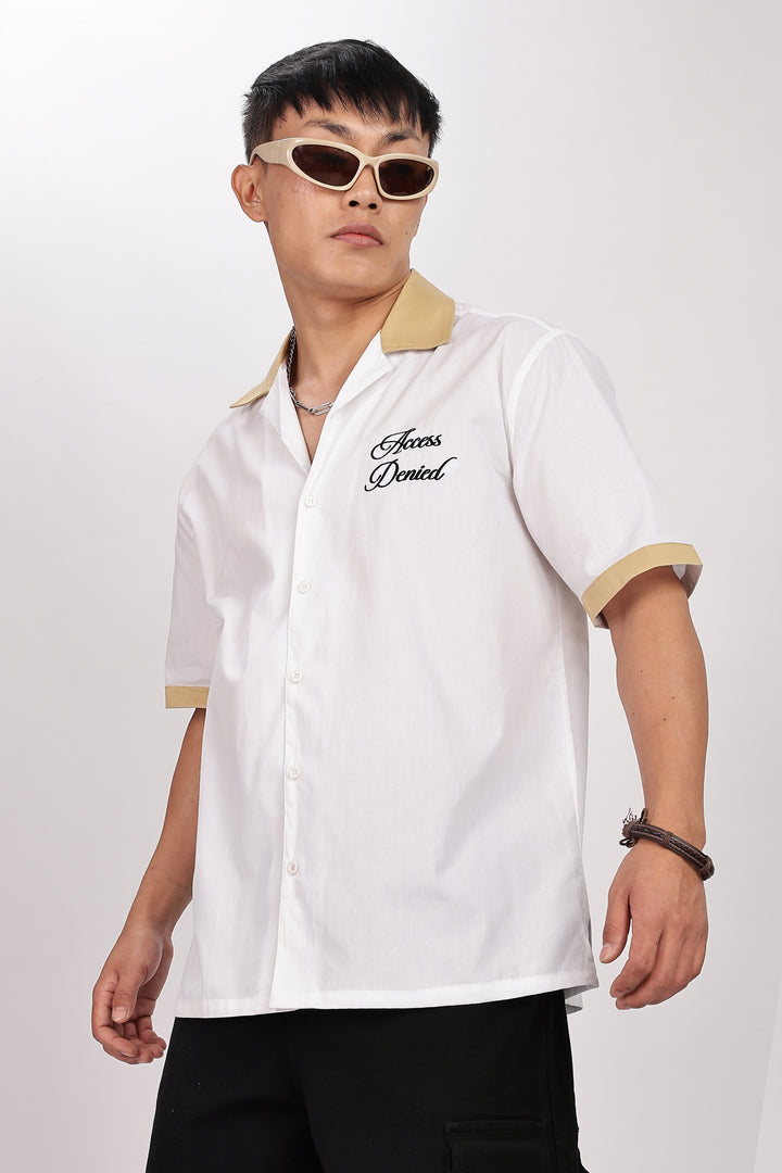 Access Denied: White Embroidery Cotton Cuban Shirt