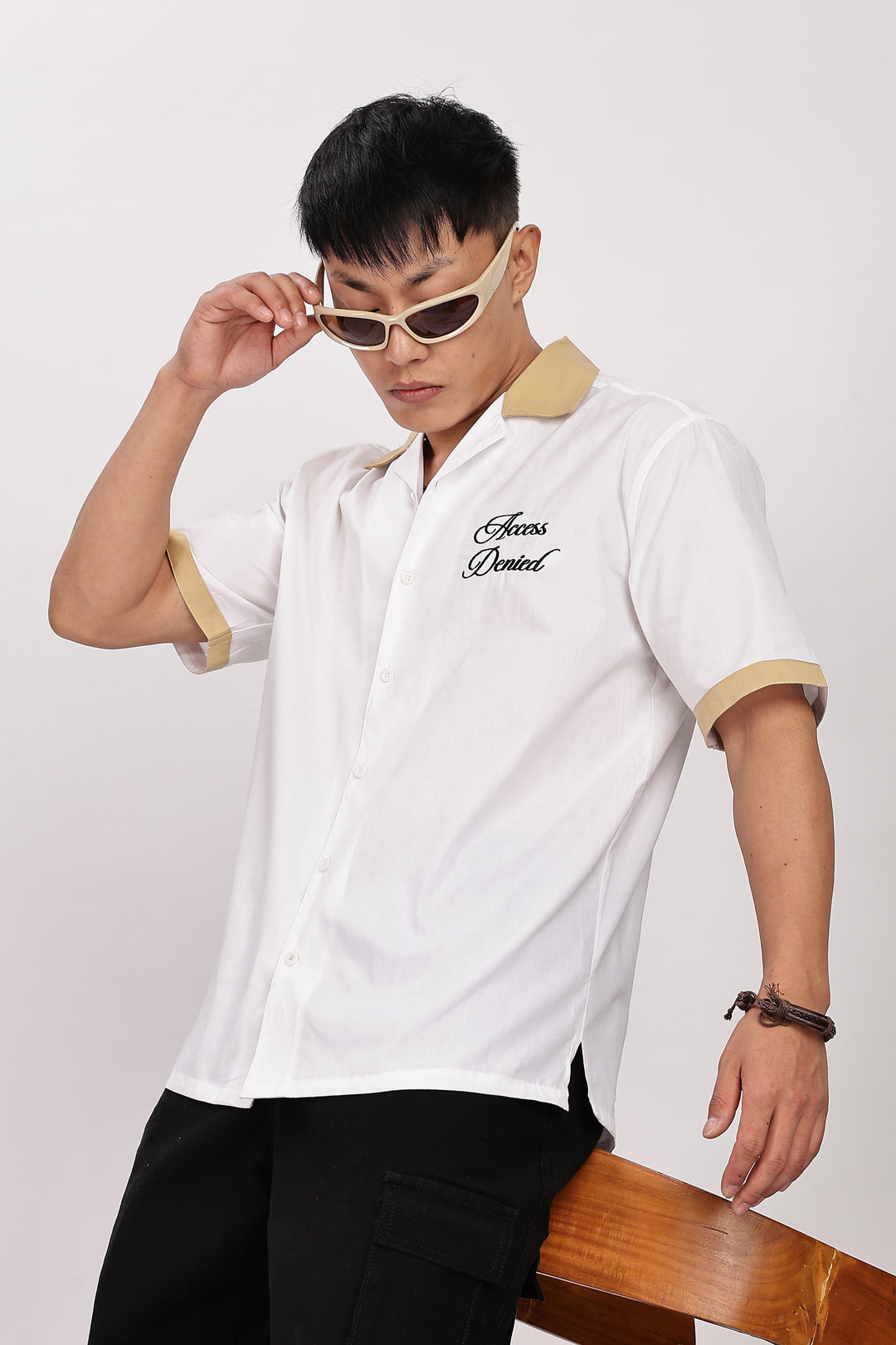 Access Denied: White Embroidery Cotton Cuban Shirt