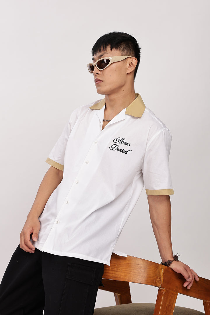 Access Denied: White Embroidery Cotton Cuban Shirt