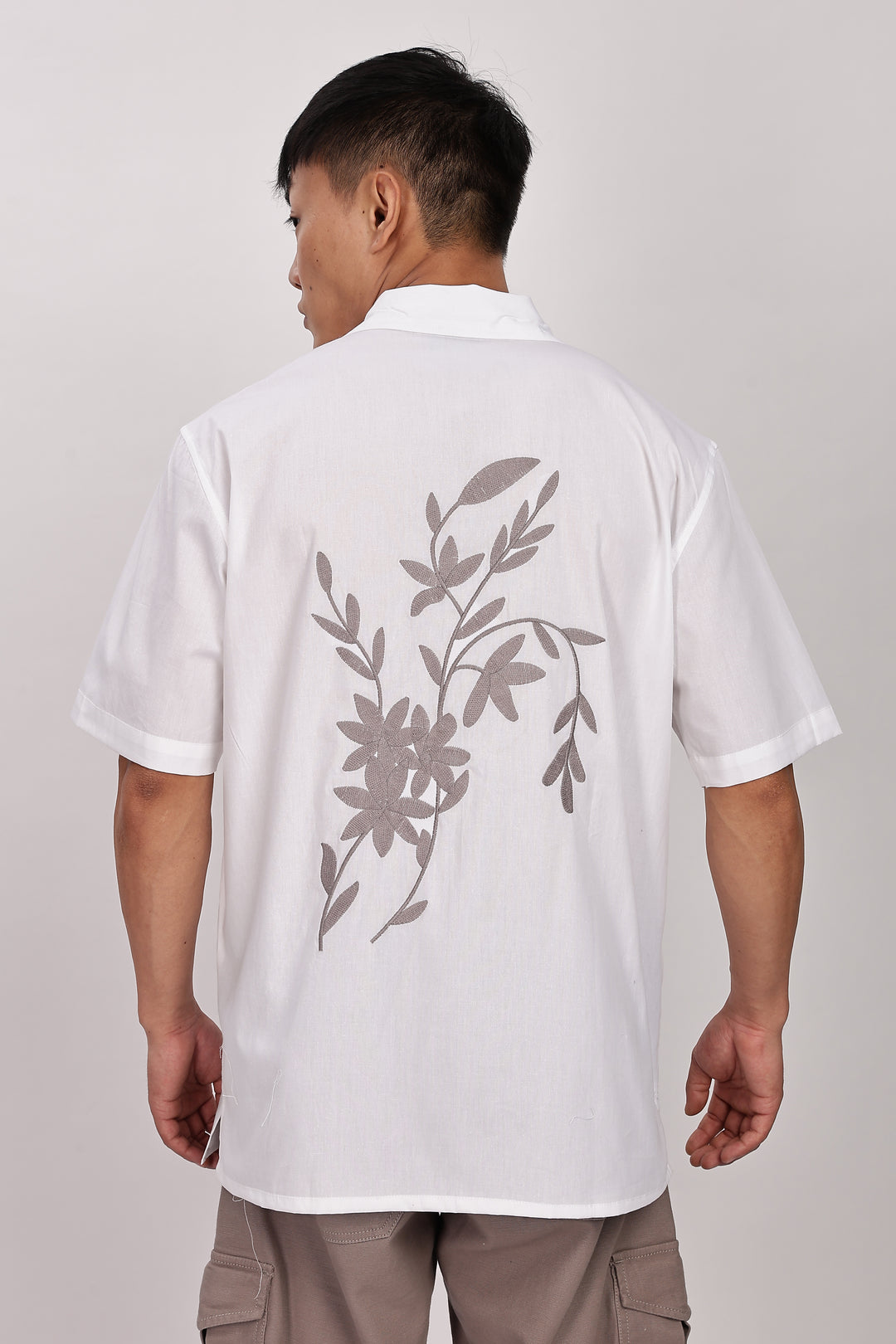 Grey Floral Embroidery White Cuban Shirt