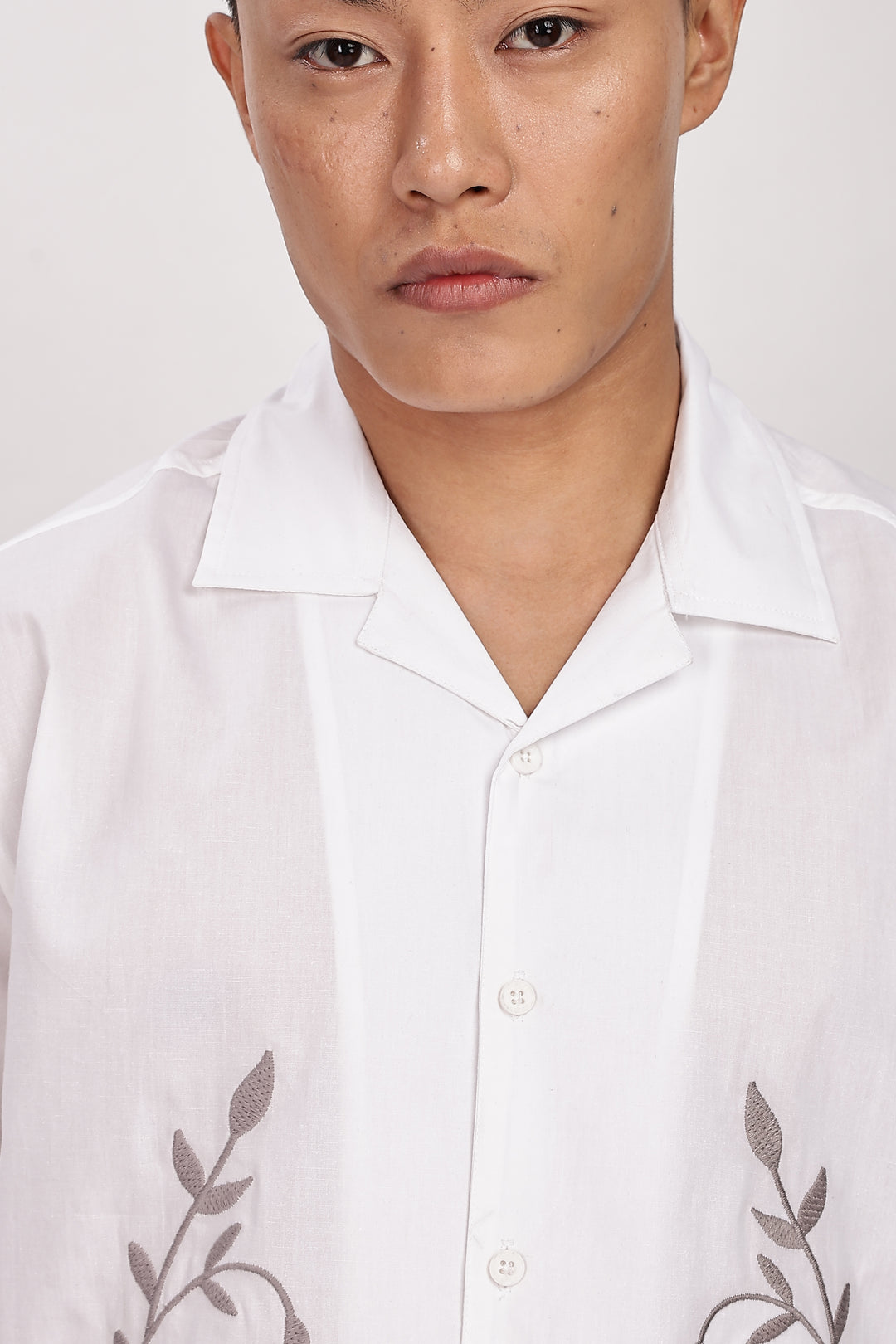 Grey Floral Embroidery White Cuban Shirt
