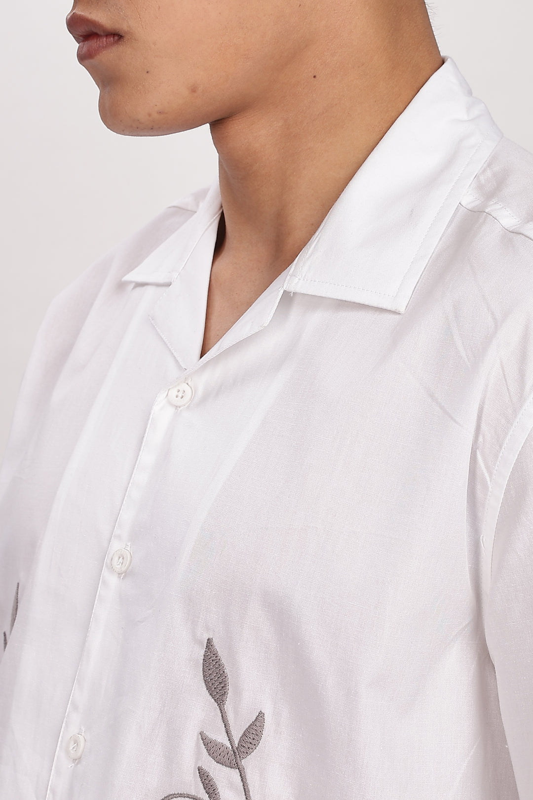 Grey Floral Embroidery White Cuban Shirt