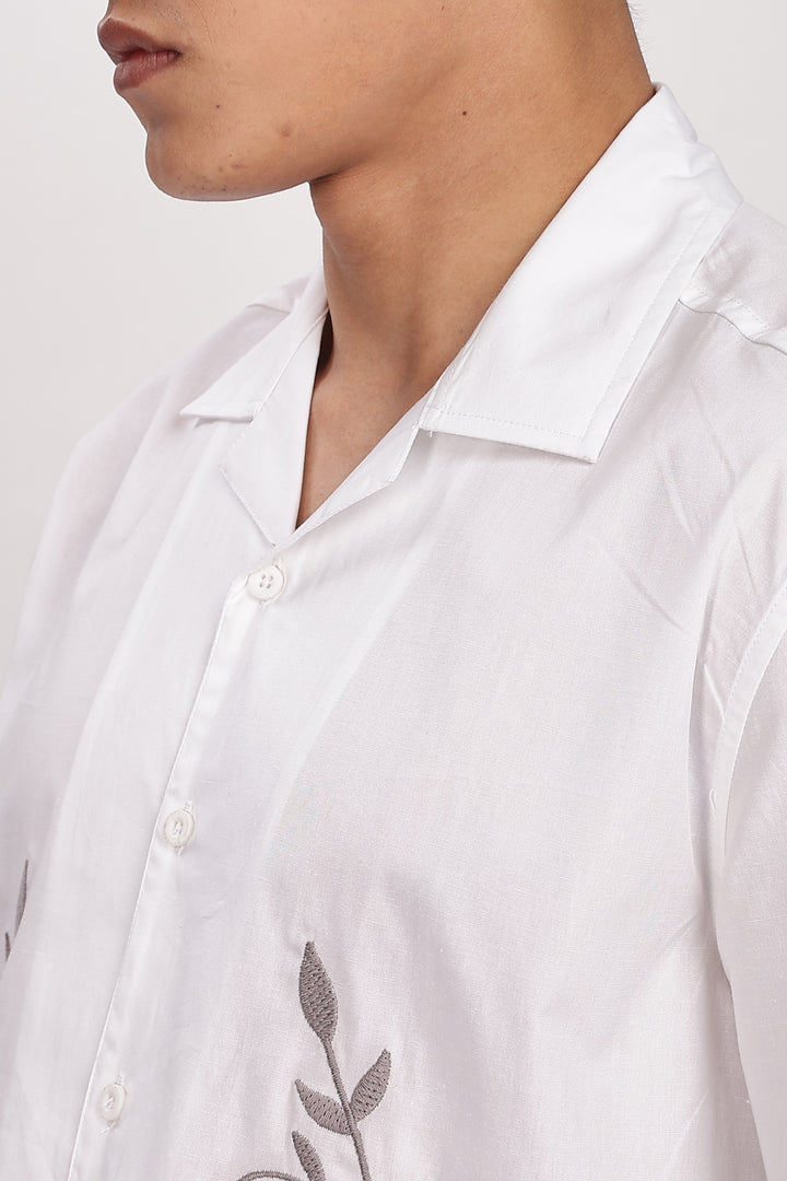 Grey Floral Embroidery White Cuban Shirt
