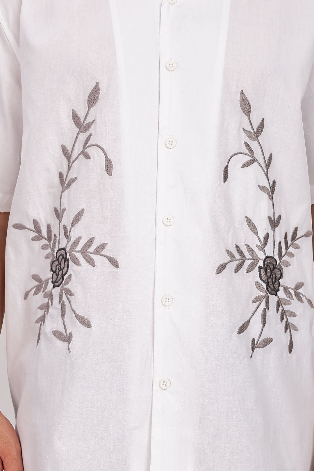 Grey Floral Embroidery White Cuban Shirt