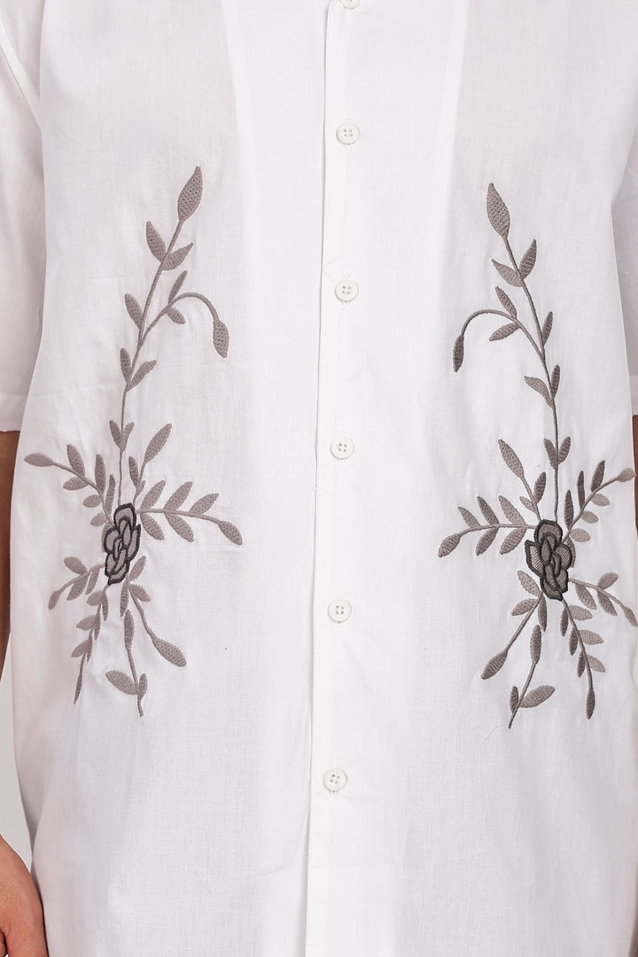 Grey Floral Embroidery White Cuban Shirt