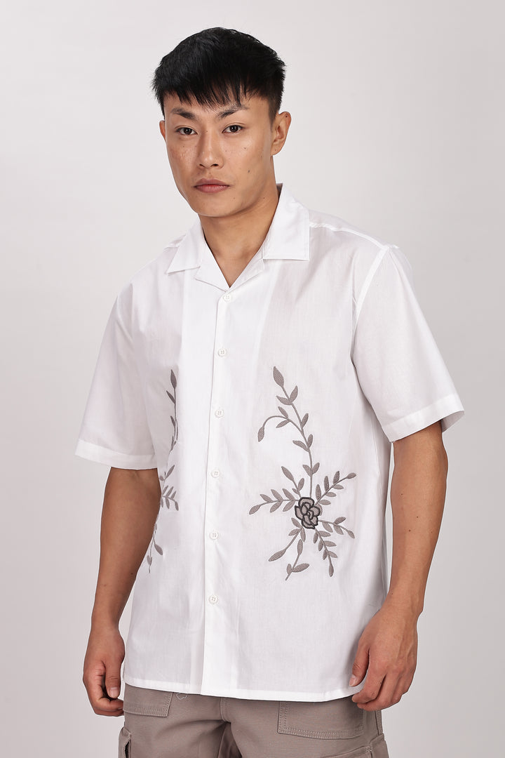 Grey Floral Embroidery White Cuban Shirt