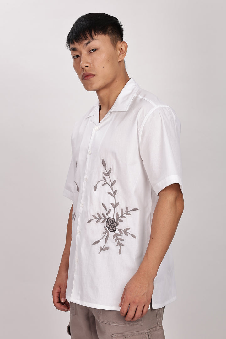 Grey Floral Embroidery White Cuban Shirt
