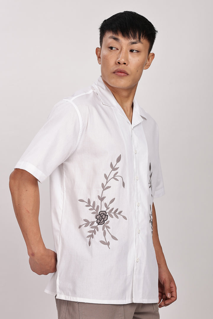 Grey Floral Embroidery White Cuban Shirt