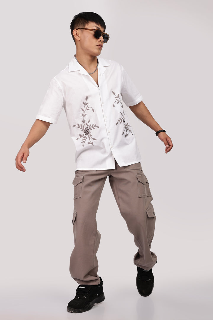 Grey Floral Embroidery White Cuban Shirt