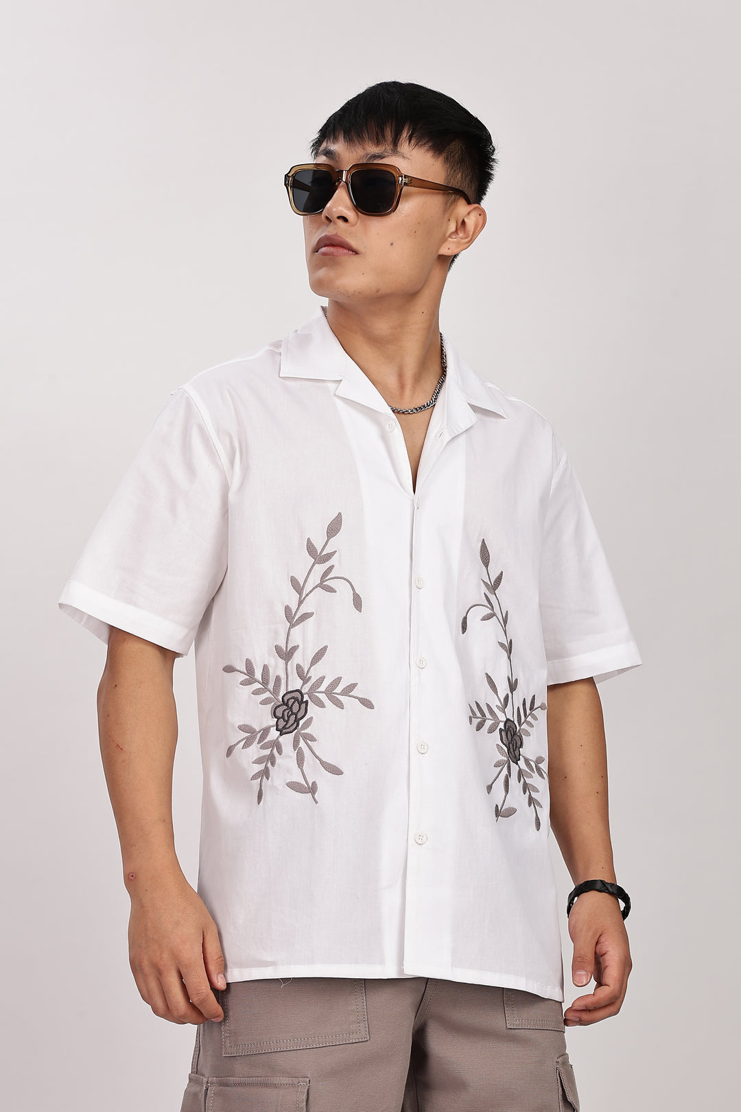 Grey Floral Embroidery White Cuban Shirt