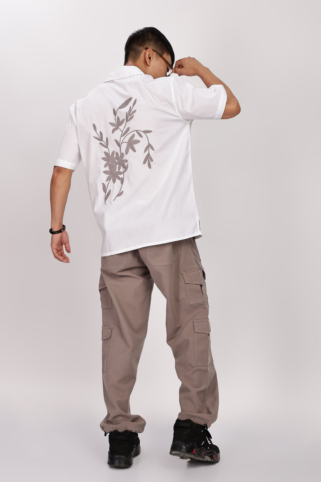 Grey Floral Embroidery White Cuban Shirt