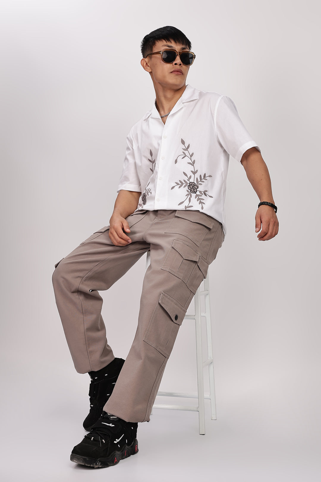 Grey Floral Embroidery White Cuban Shirt