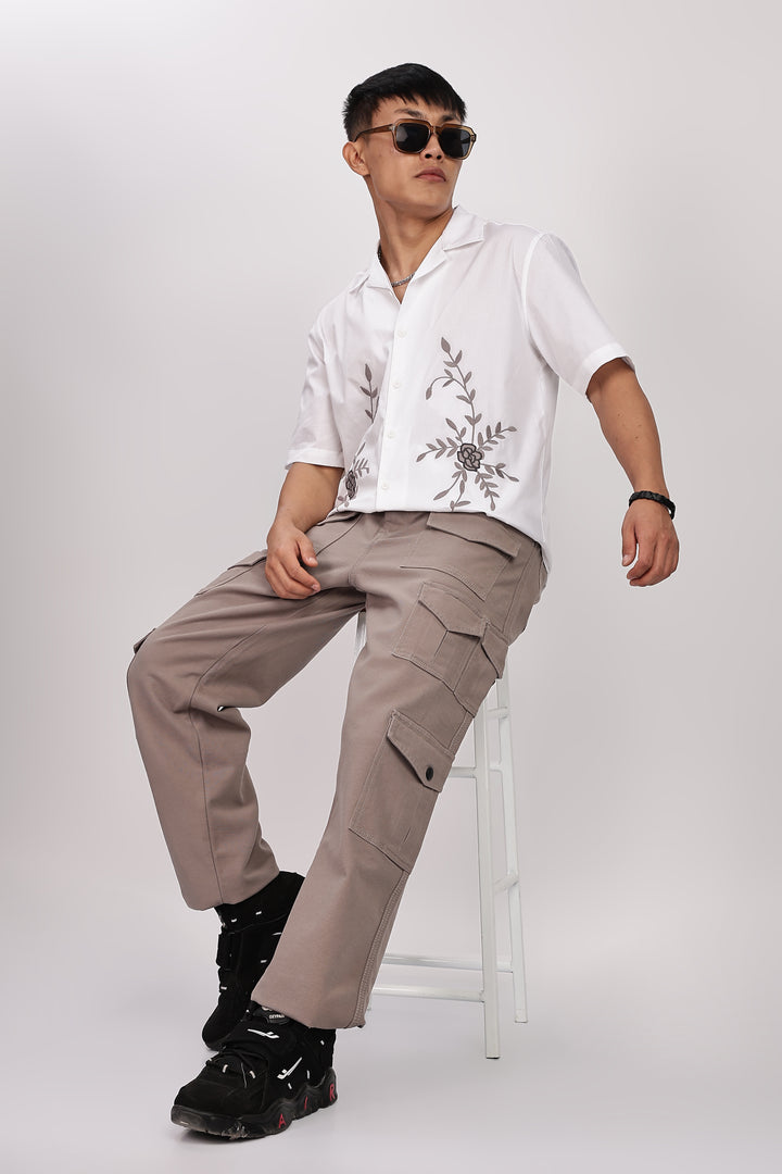 Grey Floral Embroidery White Cuban Shirt